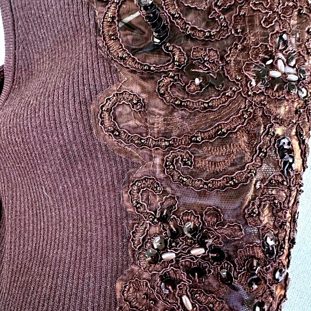 Cache Brown Ribbed Lace Sequin Beaded Sleeveless Tank Top Large 20227 - Picture 9 of 15